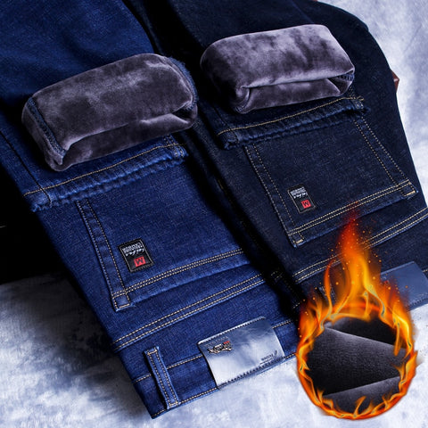 2020 Winter New Men's Warm Slim Fit Jeans Business Fashion Thicken Denim Trousers Fleece Stretch Brand Pants Black Blue